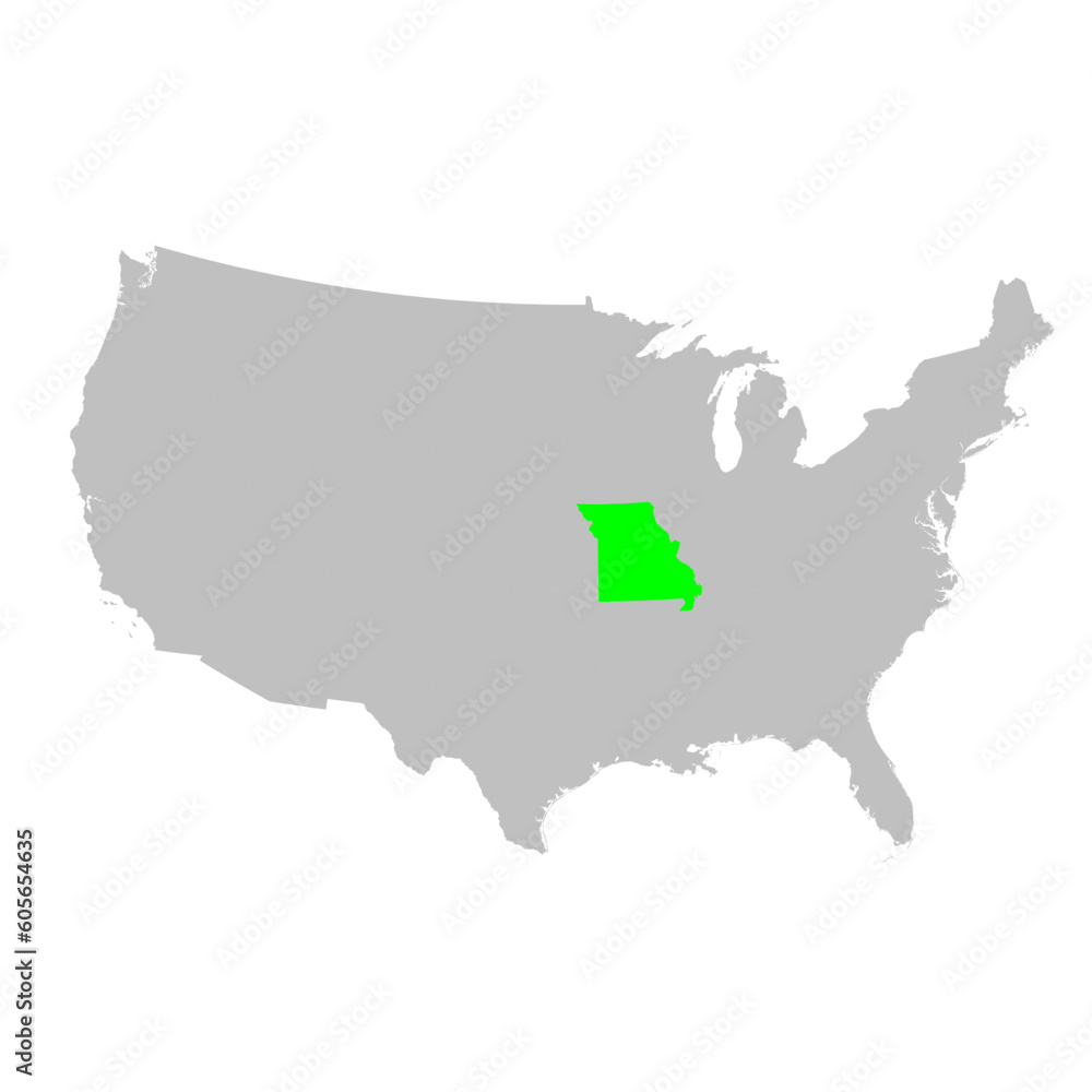 Vector map of the state of Missouri highlighted in Green on a map of the United States of America.