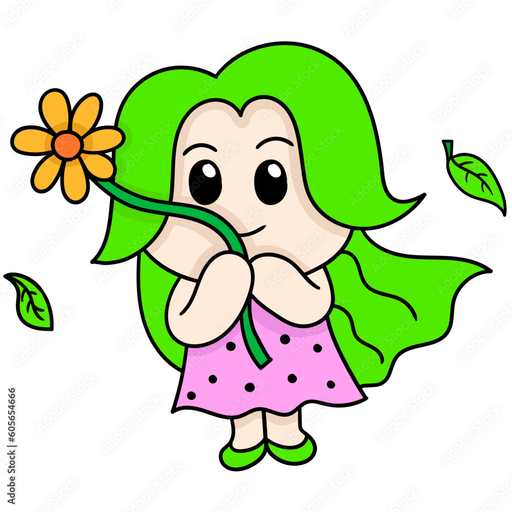 Vector of girl with green hair holding sunflowers Vector of girl with green hair holding sunflowers