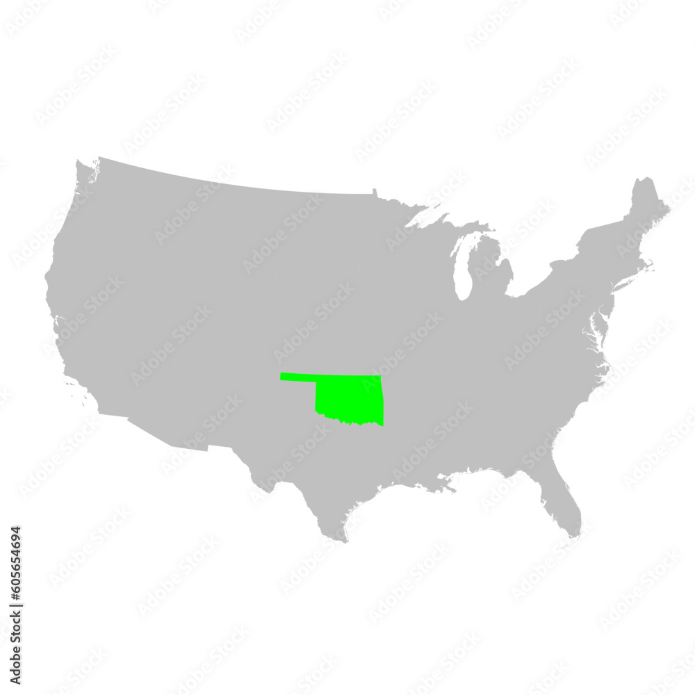 Vector map of the state of Oklahoma highlighted in Green on a map of the United States of America. Vector map of the state of Oklahoma highlighted in Green on a map of the United States of America.