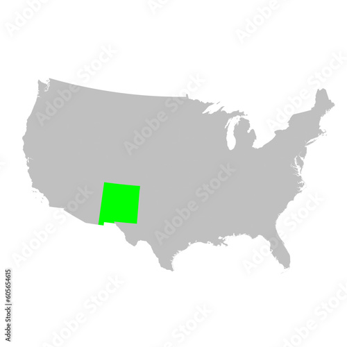 Vector map of the state of New Mexico highlighted in Green on a map of the United States of America.