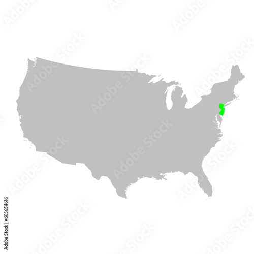 Vector map of the state of New Jersey highlighted in Green on a map of the United States of America.