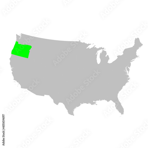 Vector map of the state of Oregon highlighted in Green on a map of the United States of America.