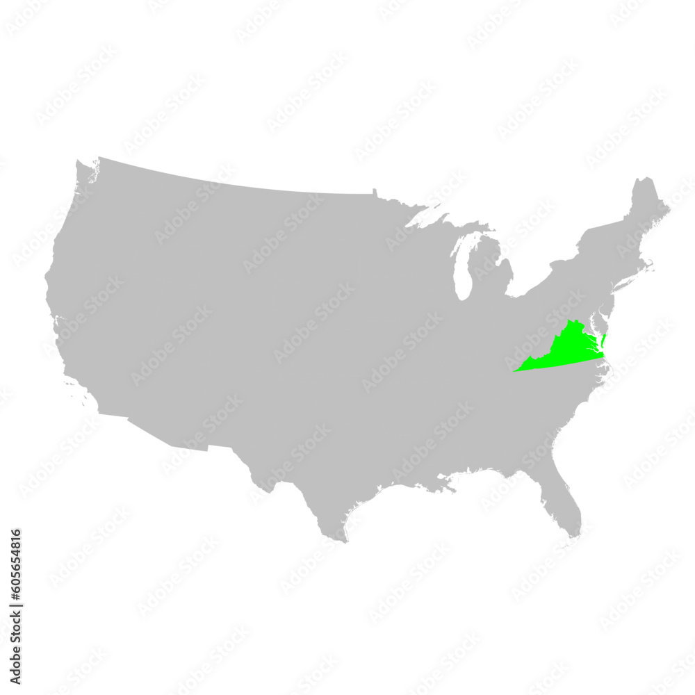 Fototapeta premium Vector map of the state of Virginia highlighted in Green on a map of the United States of America.