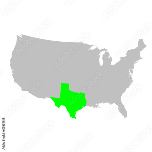 Vector map of the state of Texas highlighted in Green on a map of the United States of America.