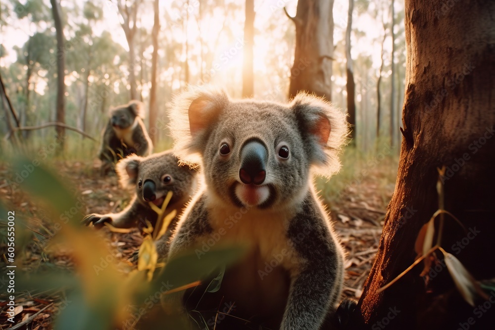 Naklejka premium Koala on eucalyptus tree outdoor. Generative AI