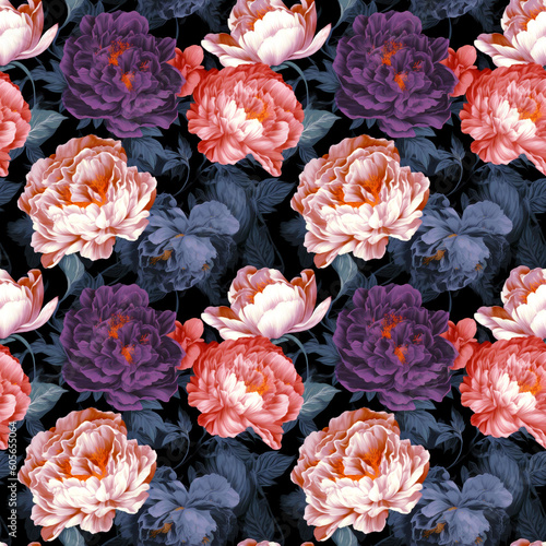 Seamless floral background with peony flowers. AI generated