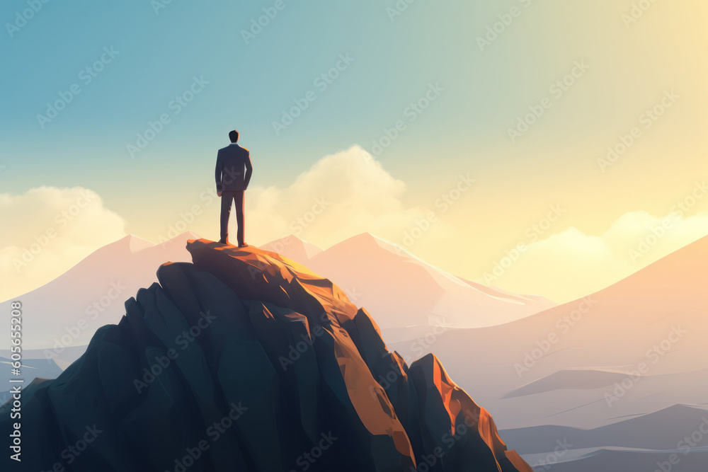 Illustration of a businessman on top of mountain - generative ai