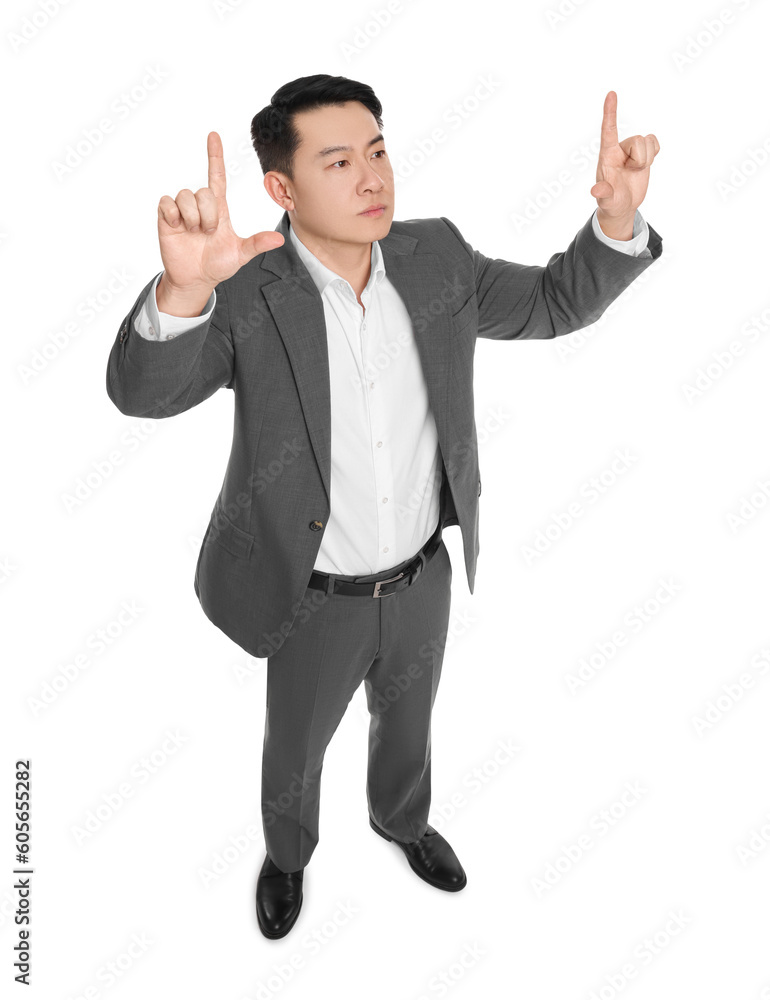 Businessman in suit posing on white background, above view Businessman in suit posing on white background, above view