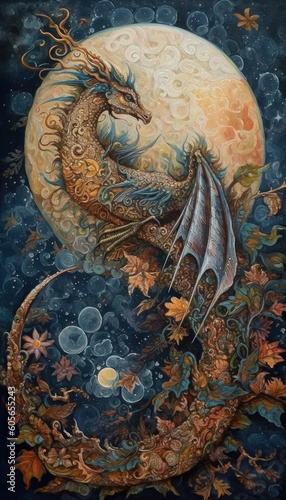 Painting in Asian and Oriental styles, oil painting of fabulous animals with wings, a dragon and a lizard on a branch and in flowers against the backdrop of the moon. Generative AI