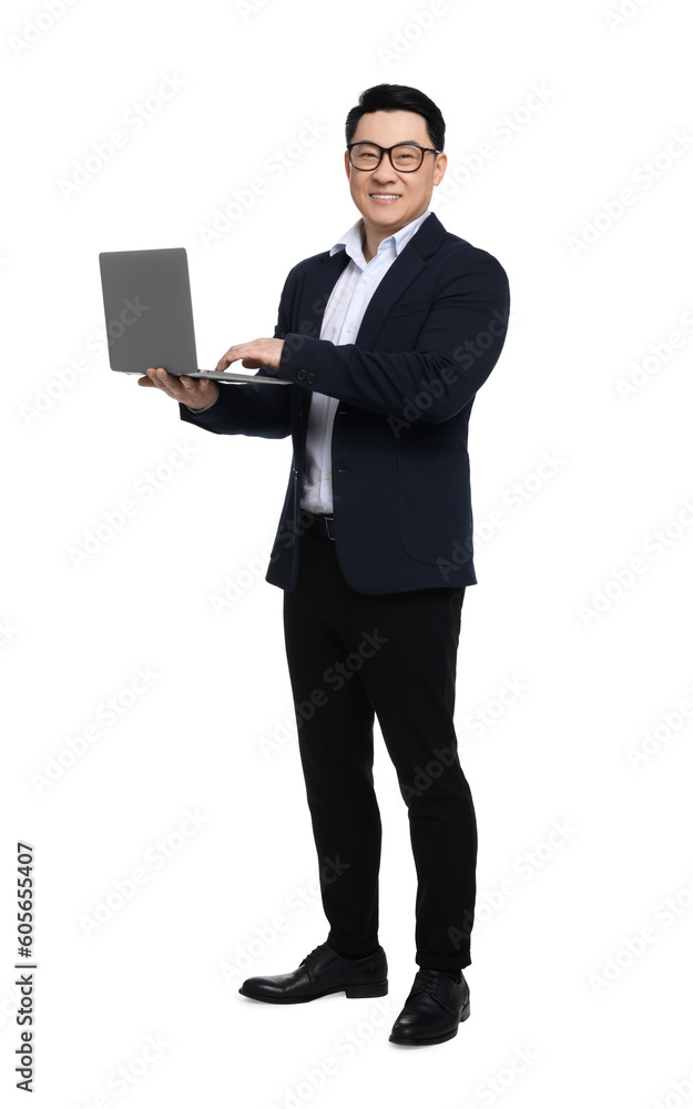 Businessman in suit with laptop on white background Businessman in suit with laptop on white background