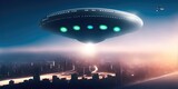 Flying saucer over city at night. Generative AI