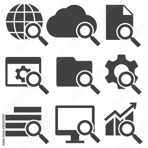 Black and white editable set of computer icons under a search icon