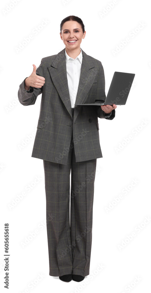 Beautiful happy businesswoman with laptop showing thumbs up on white background Beautiful happy businesswoman with laptop showing thumbs up on white background