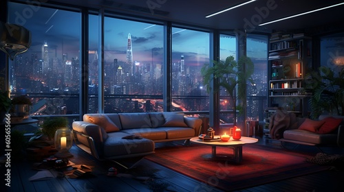 Concept art illustration of apartment living room interior in cyberpunk style