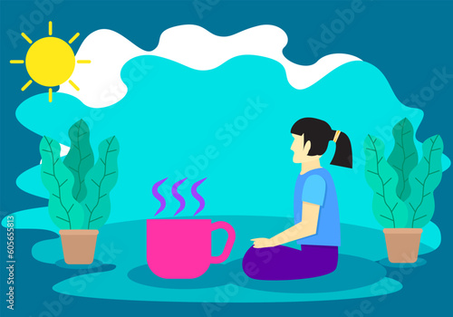 Female sitting near flower pots and a big cup with vapor coming from, sun background