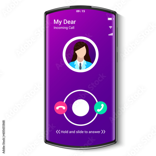 Incoming call from my dear with buttons reject and answer, user interface realistic design