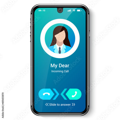 Incoming call from my dear with buttons reject and answer, user interface realistic design