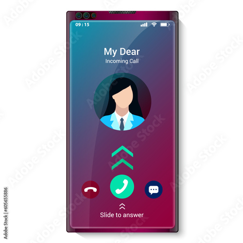 Incoming call from my dear with buttons reject and answer, user interface realistic design