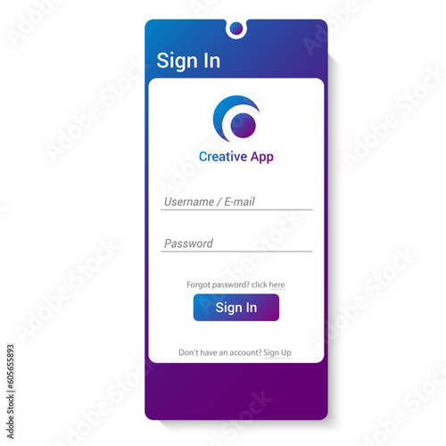 Sign in window for creative app in violet and white colors, user interface realistic design