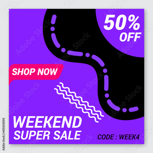 Sale banner template design with numbers and text on it, violet and black colors