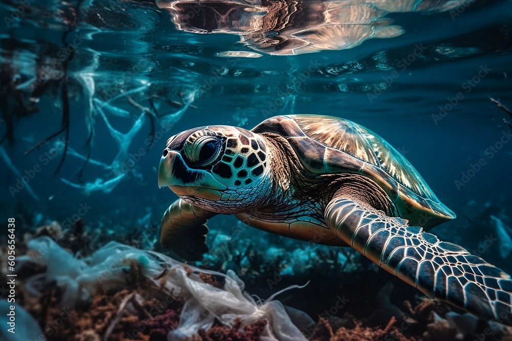 Troubled Waters: Underwater Capture of Sea Turtle Swimming Amidst Floating Plastic Trash
