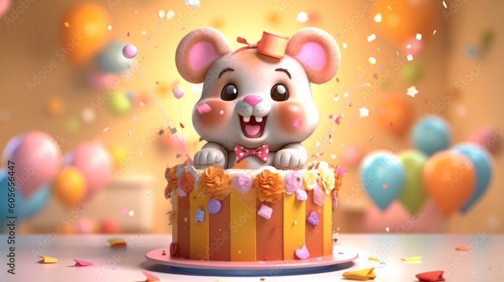 Fototapeta premium Behold an exquisite birthday cake, candles burning brightly, showcased against a vibrant array of festive lights. AI-crafted