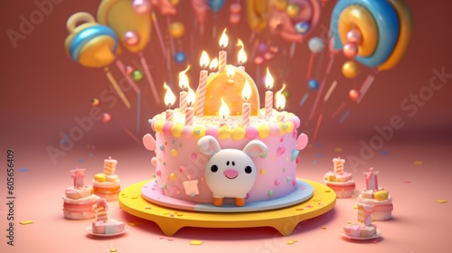 Experience the charm of a radiant birthday cake, burning candles set against a panorama of celebratory lights. Made by AI.