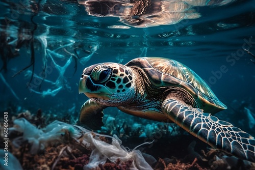 Troubled Waters: Underwater Capture of Sea Turtle Swimming Amidst Floating Plastic Trash "Generative AI"