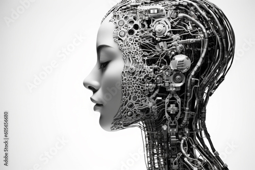 Female humanoid head symbolizing symbolizing artificial intelligence and futuristic technology. Generative AI