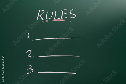 Rules list written on chalkboard