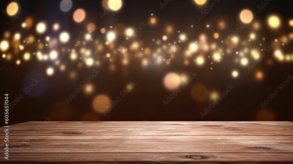 Wooden table top on blurred abstract bright background.