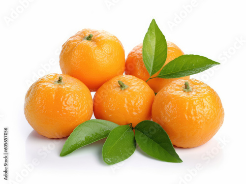 Tangerines with green leaves, isolated on white background