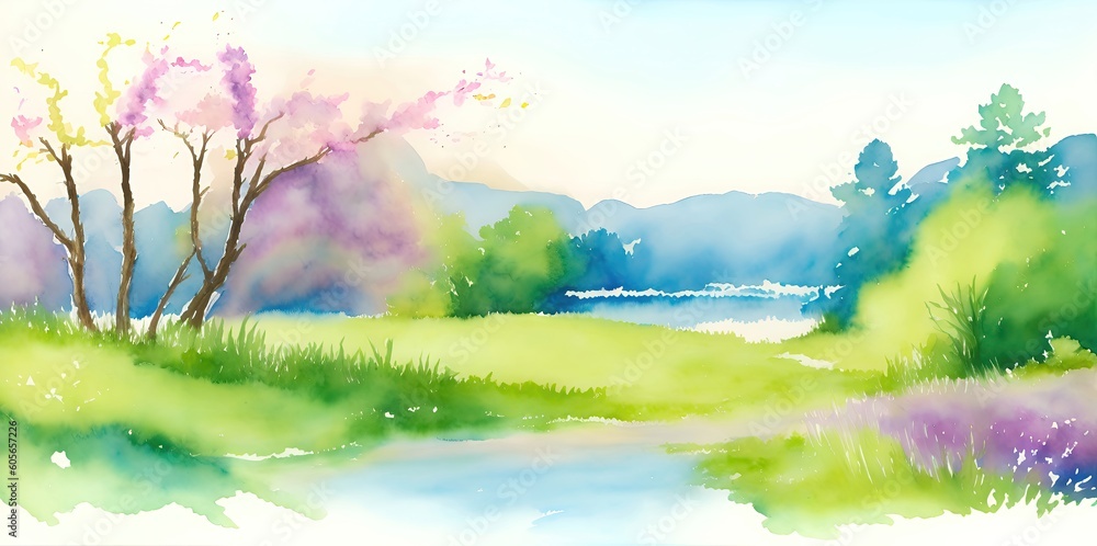 Fototapeta premium Watercolor landscape with flowers on a background of mountains.