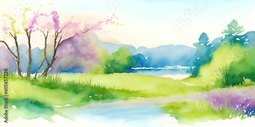 Watercolor landscape with flowers on a background of mountains. © Andreas