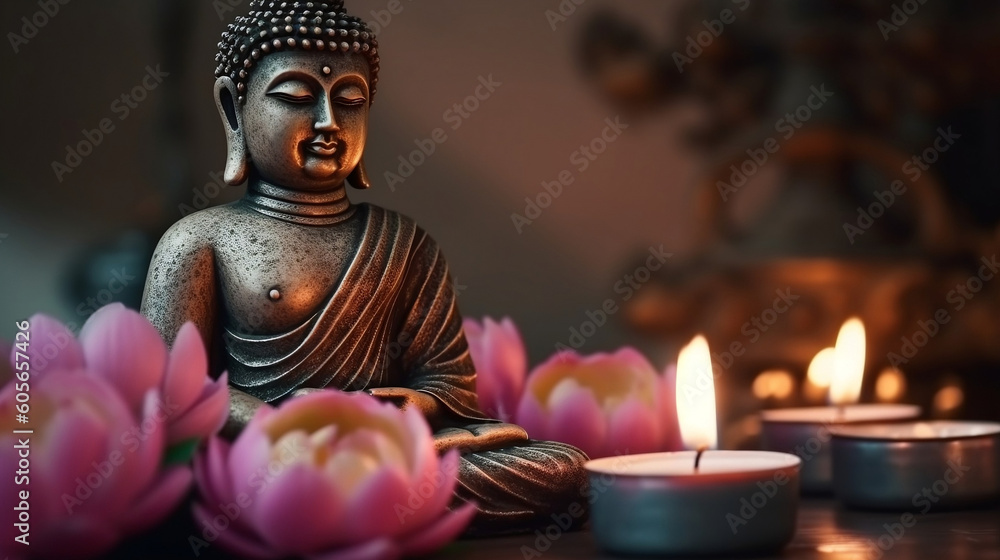 Zen meditation with Buddha statue, lotus flower and burning candles, generative AI