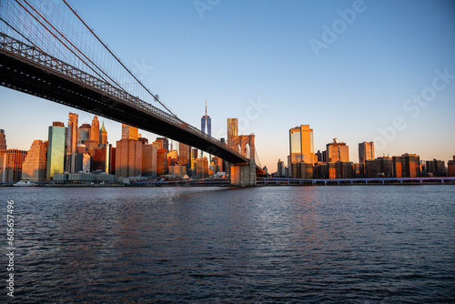 Brooklyn Bridge at sunrise view from Bridge park in Dumbo