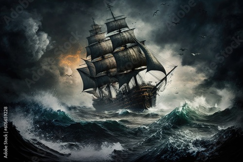 Pirate ship in stormy sea