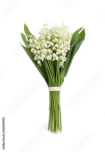 Beautiful lily of the valley bouquet on white background