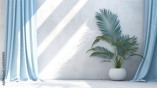 Minimal, modern white marble stone counter table, tropical monstera plant tree in sunlight on green wall background for luxury fresh organic cosmetic, skin care, beauty treatment product Conceived by 