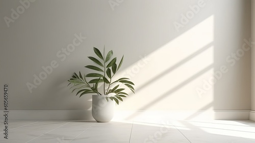 Minimal, modern white marble stone counter table, tropical monstera plant tree in sunlight on green wall background for luxury fresh organic cosmetic, skin care, beauty treatment product Conceived by  © qntn