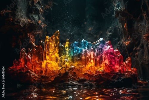 Artwork portraying a glowing cascade, the water brilliantly lit by a spectrum of colors. Generative AI