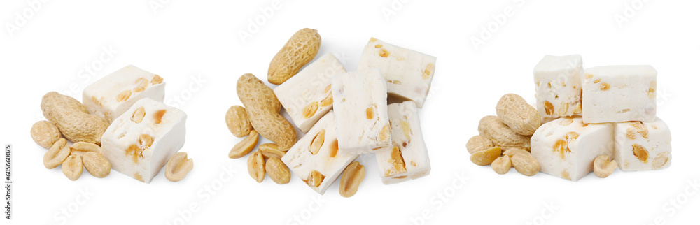 Delicious nougat with peanuts on white background, collage design
