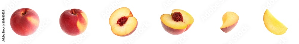 Cut and whole fresh peaches on white background Cut and whole fresh peaches on white background