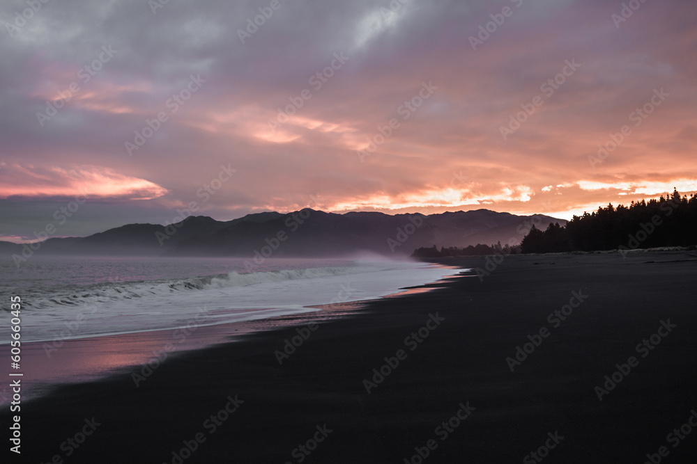 New Zealand beach Kaikoura at sunset