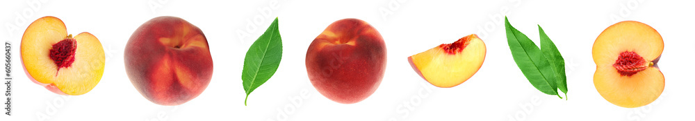 Fresh peaches and green leaves on white background Fresh peaches and green leaves on white background