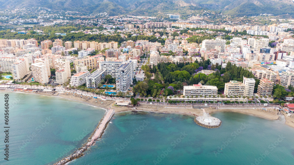 Fototapeta premium Fuengirola Spain, Aerial view on Coast of sea and buildings. Drone photo of coastal town