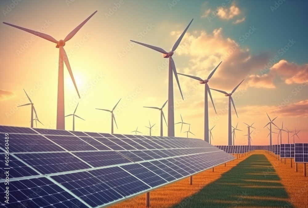 wind turbine and solar panels, ai generative wind turbine and solar panels, ai generative