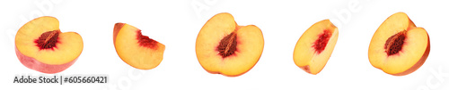 Cut fresh juicy peaches on white background