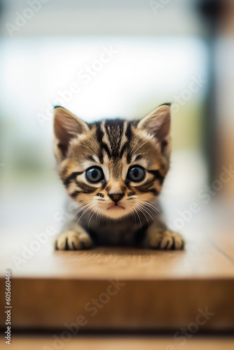 A little striped curious kitten is looking at the camera,Generative AI © Dushan