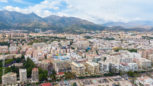Fuengirola Spain, Aerial view on Coast of sea and buildings. Drone photo of coastal town
